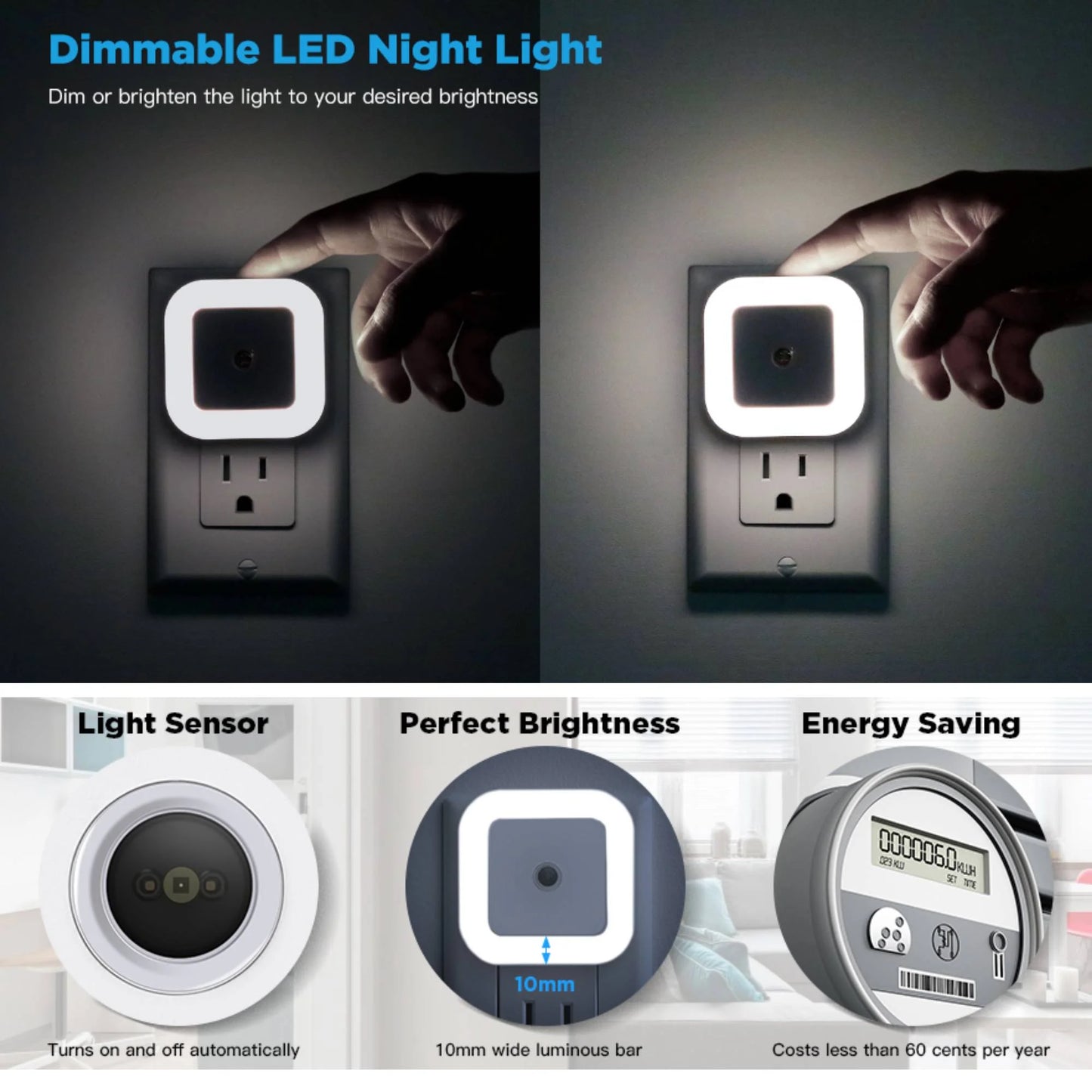 4 Pack Upgraded Plug-In LED Night Light with Adjustable Brightness, Dimmable LED Nightlight with Dusk to Dawn Sensor for Bathroom, Bedroom, Kitchen, Stairs, Hallway
