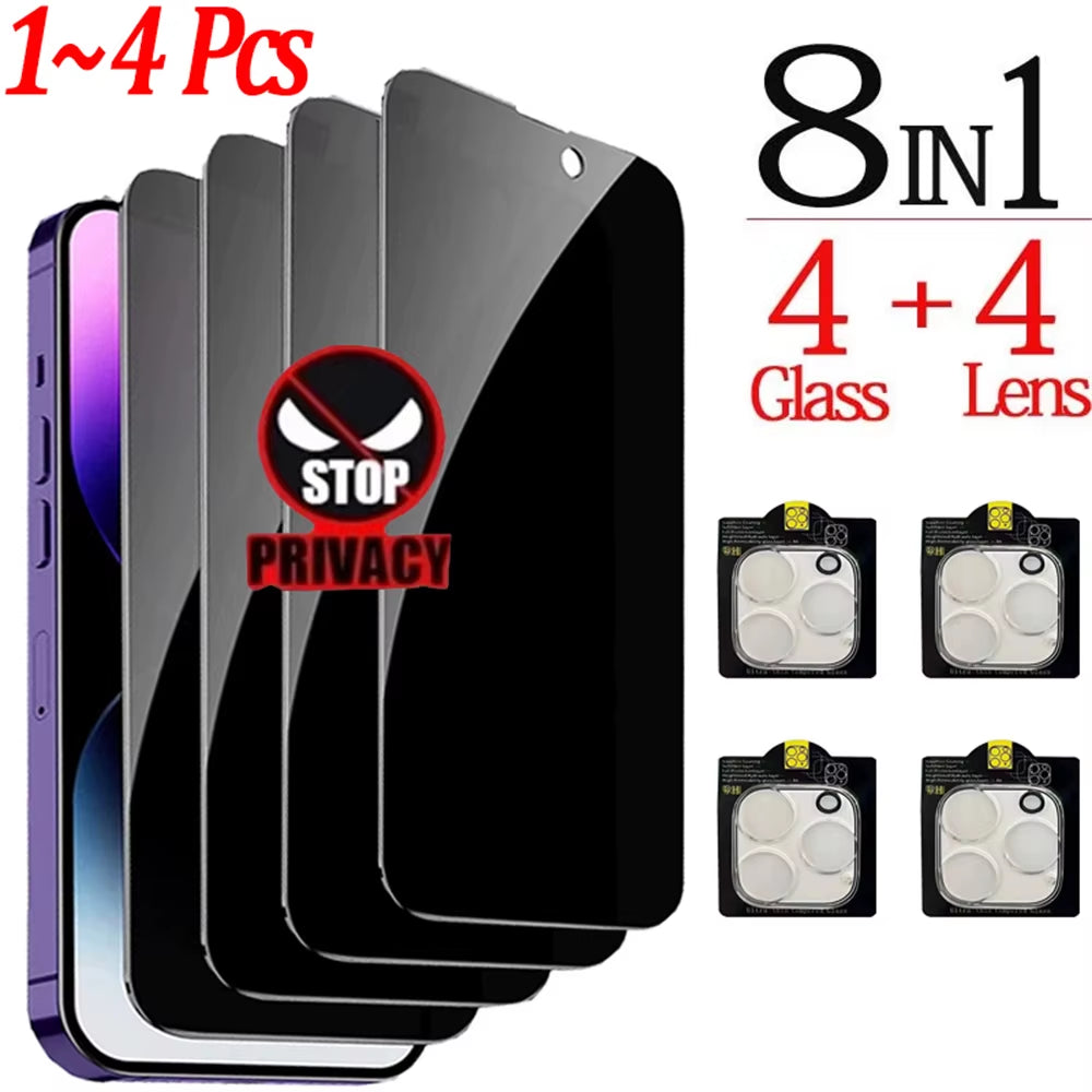 1~4PCS Anti-Spy Glass for Iphone 17 16 15 14 13 Pro Max Privacy Screen Protector & Camera Protection Film for Iphone15 12 11 Pro